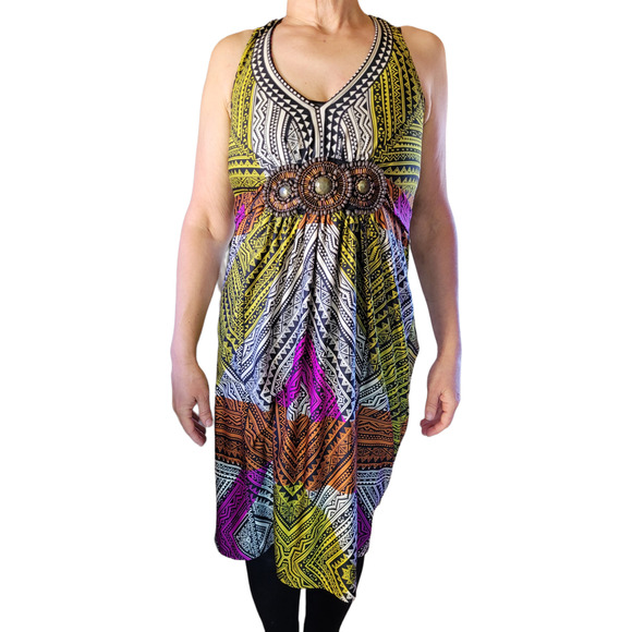 ICE Colorful Tribal Aztec Beaded Midi Dress Womens XS Sleeveless Vacation Boho - Picture 2 of 10
